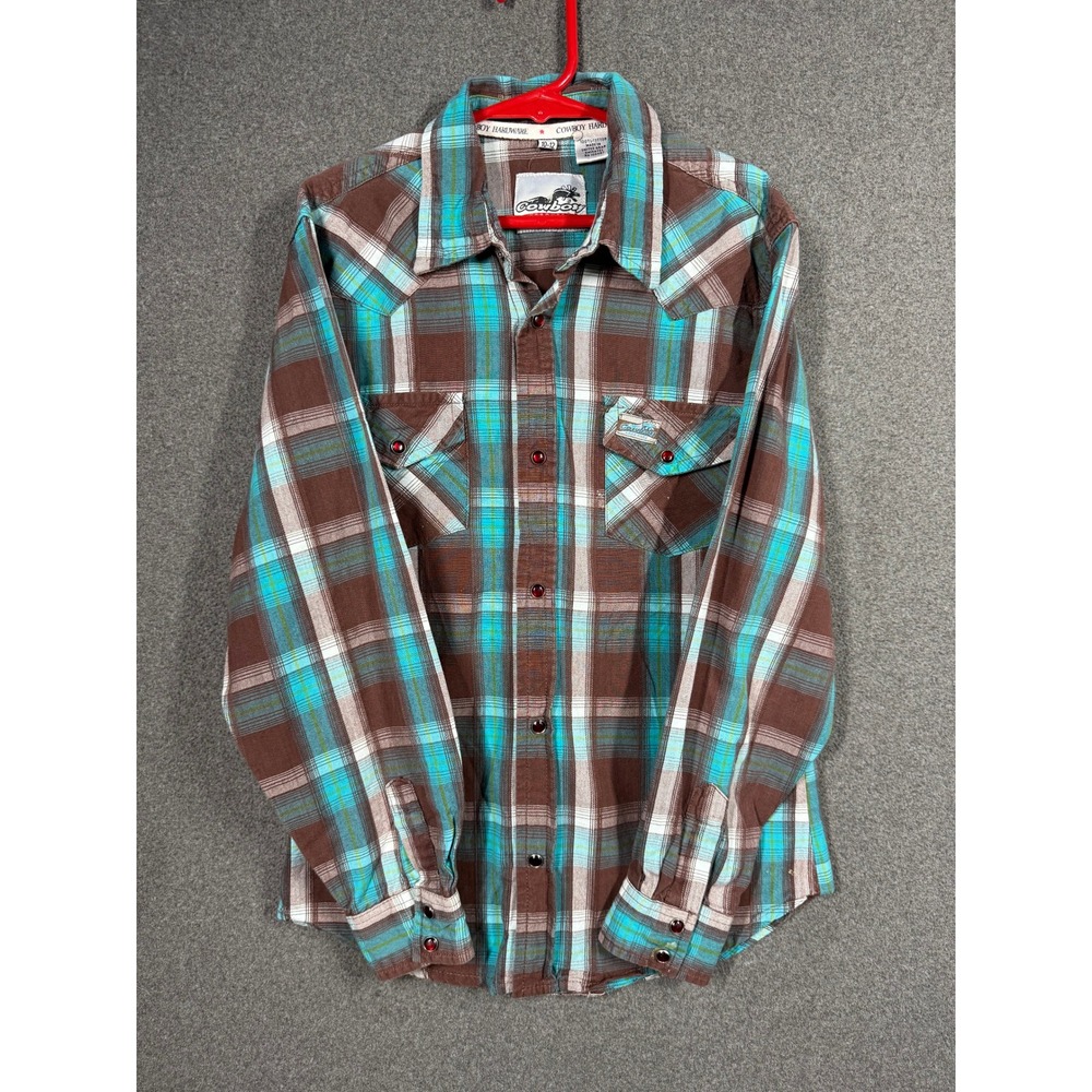 Cowboy Hardware Boys L 10-12 Plaid Western Snap Shirt Brown Turquoise Pearl Snap